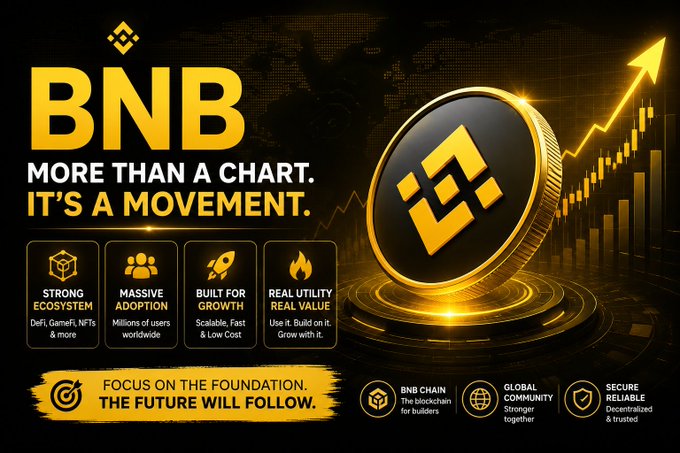 A promotional graphic for BNB cryptocurrency with the text 'BNB - MORE THAN A CHART. IT'S A MOVEMENT.' featuring a gold BNB coin and pillars highlighting 'STRONG ECOSYSTEM', 'MASSIVE ADOPTION', 'BUILT FOR GROWTH', and 'REAL UTILITY REAL VALUE'.