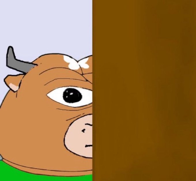 A cartoon cow with a "bullish" forehead patch peeks from behind a wooden door, humorously illustrating the post's reference to a bullish divergence on the $HYPE 4-hour chart.