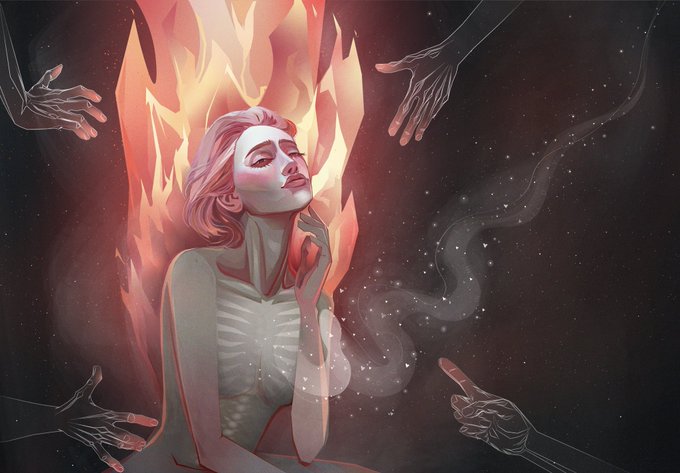 A skeletal figure with pink hair sits serenely amid flames, surrounded by ethereal hands reaching toward her and smoke rising into a starry void—evoking themes of transformation, vulnerability, and being touched or supported by unseen forces, mirroring the artist's emotional response to receiving a significant 77 ETH bid on their artwork.