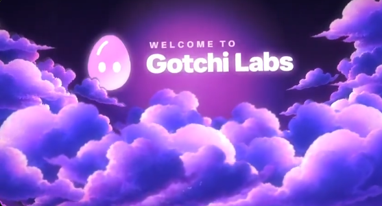 A purple-themed graphic displays 'WELCOME TO Gotchi Labs' alongside a ghost-like character emerging from stylized clouds.