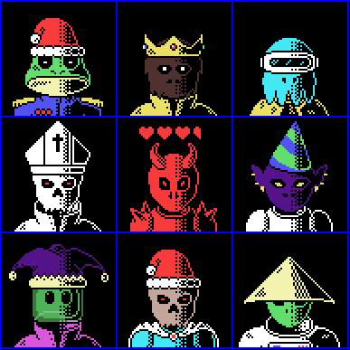 A grid of nine pixel art character portraits in various costumes including a king, devil, pope, jester, and wizard.