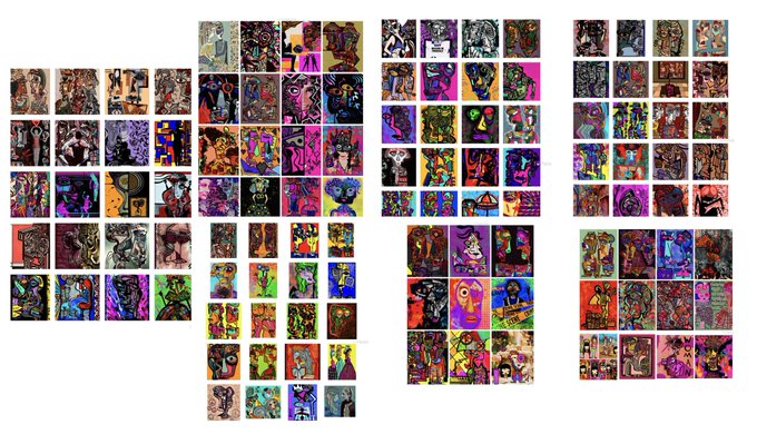 A large grid collage of dozens of small, colorful, surreal digital artworks arranged in clusters on a white background.