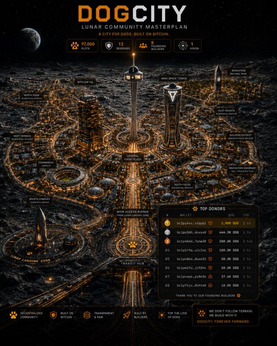 A digital poster for 'DOGCITY' displays a 'LUNAR COMMUNITY MASTERPLAN' showing a futuristic city on the moon built on Bitcoin, with stats like '97,000 PLOTS' and a top donors list.