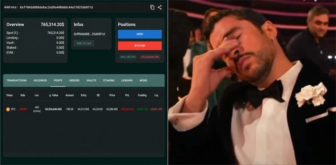 A crypto trading dashboard showing a portfolio value of 765,314.20$ in token 0xff46a888b8fac2fe0ba64b6c6782558f1d sits beside an image of a man in a tuxedo rubbing his eye.