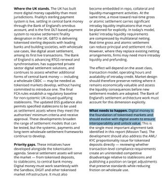 Two pages of text discussing UK banking regulations, mentioning terms like 'UK stands', 'priority gaps', 'digital money', 'tokenised', 'GBIT', and 'SanDBox'.