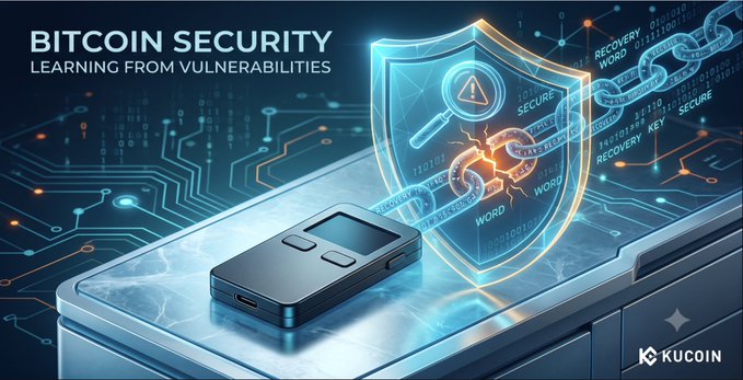 A digital illustration shows a hardware wallet resting on a circuit board, protected by a glowing blue shield containing a warning icon and broken chain links, symbolizing compromised seed phrase security. Text reads "BITCOIN SECURITY: LEARNING FROM VULNERABILITIES," with the image visually reinforcing the post's warning about the Coldcard firmware flaw that led to the theft of over 1,000 BTC.