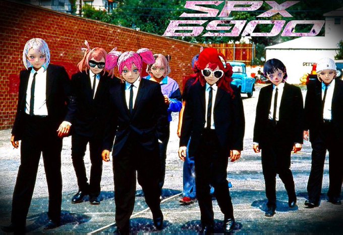 A group of anime-style characters with colorful hair wearing matching black suits, standing in a parking lot with 'SPX 6900' text in the top right corner.