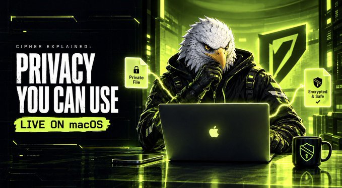 A promotional graphic titled 'CIPHER EXPLAINED: PRIVACY YOU CAN USE - LIVE ON macOS' featuring an anthropomorphic eagle hacker working on a MacBook with 'Encrypted & Safe' and 'Private File' icons.