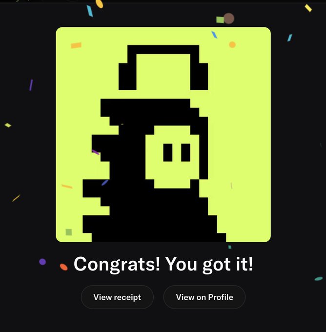 Pixel art achievement screen featuring a black silhouette character with a question mark face on a lime green background, with confetti and the text 'Congrats! You got it!' along with buttons to view receipt and view on profile.