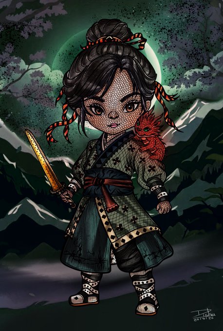A chibi-style girl with a mesh-textured face and traditional clothing holds a glowing sword while a small red dragon rests on her shoulder against a moonlit mountain backdrop; the signature "Ito" and "©114126" are visible in the bottom right corner.