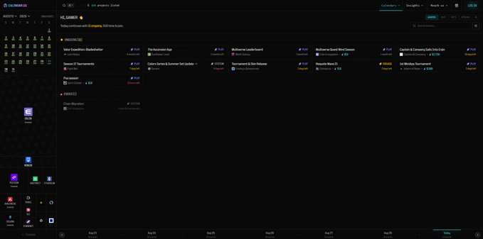 A dark-themed cryptocurrency mining dashboard showing various mining operations including 'HC Gamer', 'Valer Foundation Radiator', 'CasaTerms & Summer Set Update', 'Terrainium & Geo Releases', and 'Chain Migrations' with revenue and earnings figures.