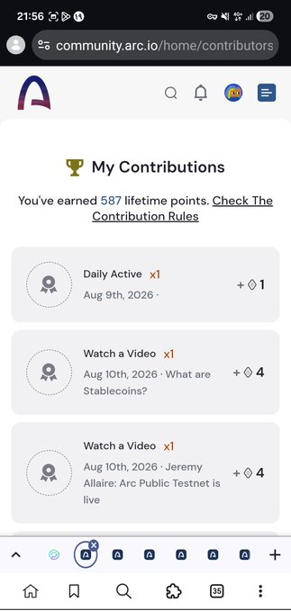 The image shows a "My Contributions" page on community.arc.io displaying 587 lifetime points earned through activities like Daily Active status and watching videos about Stablecoins and Arc Public Testnet. This visual evidence supports the accompanying post by showing the user's accumulated Arc House points from consistent engagement with the platform.
