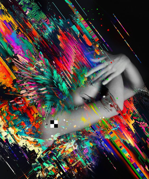 An abstract, glitch-art style portrait of a person with their hands raised near their face, featuring colorful pixelated and painterly distortion effects.