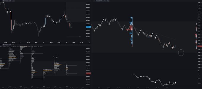Two dark-themed financial trading charts displaying price action with a vertical volume/order flow cluster on the right chart.
