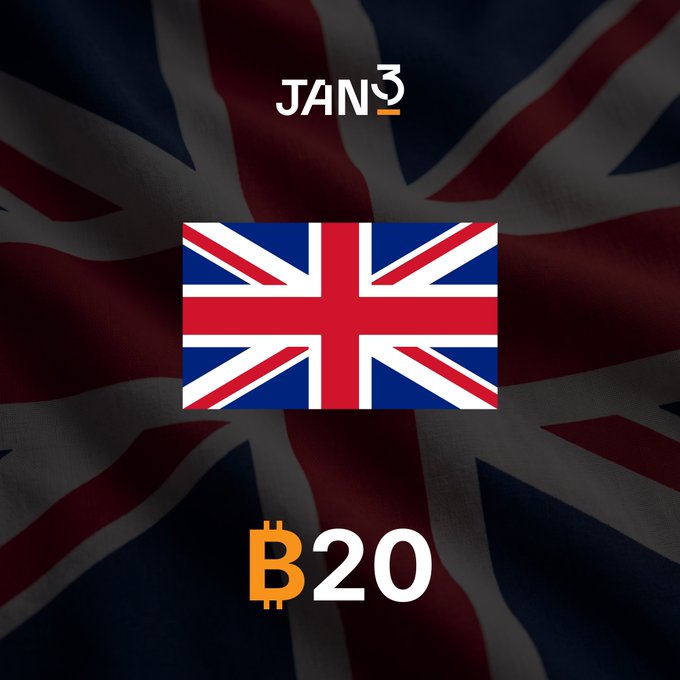 A graphic featuring the Union Jack flag with 'JAN 3' at the top and a Bitcoin logo next to '20' at the bottom.