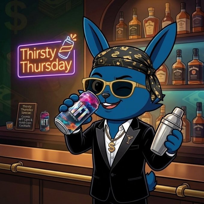 A blue cartoon rabbit in a sharp black suit, gold-rimmed shades, and a diamond-patterned bandana holds a galaxy-themed "NFT Energy" can while pouring a shaker behind a bar, with a neon "Thirsty Thursday" sign and shelves of liquor bottles in the background—perfectly matching the "Top-shelf standards only" and cosmic energy drink vibe of the post.