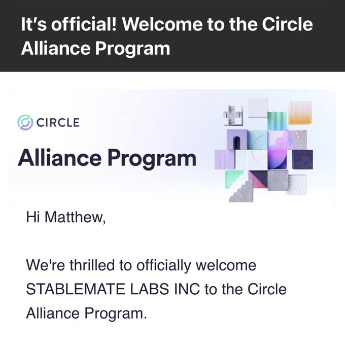 A welcome email for the "Circle Alliance Program" addressed to Matthew, stating "We're thrilled to officially welcome STABLEMATE LABS INC to the Circle Alliance Program," featuring the Circle logo.