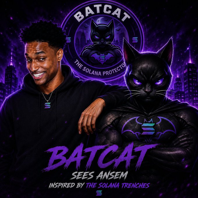 A purple-themed promotional poster featuring basketball player Anthony Edwards alongside a black cat character, branded 'BATCAT - THE SOLANA PROTECTOR' with text reading 'SEES ANSEM' and 'INSPIRED BY THE SOLANA TRENCHES'.