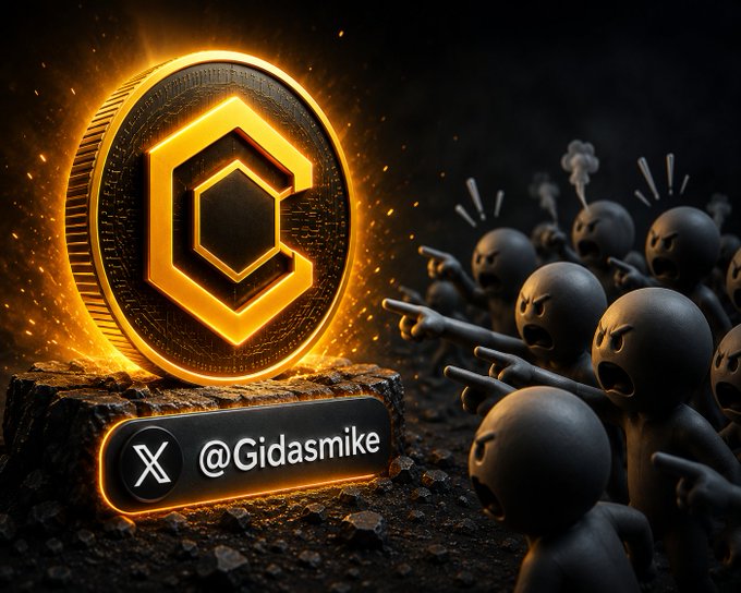 A glowing $CORE crypto coin stands on a rock pedestal beside the handle "@Gidasmike," while a crowd of angry, faceless gray figures shouts and points accusations at it—visually illustrating the post's message that the loudest critics of $CORE are often uncredible, low-quality accounts attacking without real research.