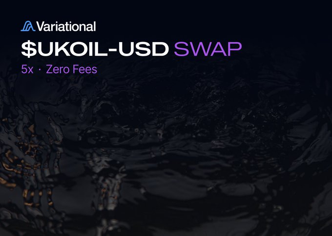 The image is a promotional graphic for Variational featuring a dark, oil-textured background with the text "$UKOIL-USD SWAP" in white and purple, accompanied by the tagline "5x · Zero Fees." The graphic visually reinforces the post's announcement of a zero-fee Brent Oil ($UKOIL) swap offering up to 5x leverage.