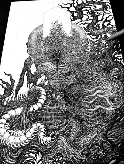An intricate black-and-white pen and ink drawing featuring a Lovecraftian, tentacled cosmic entity with multiple eyes, emerging from waves beneath a glowing portal.