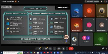 A computer desktop screen showing a Steam library and a 'MINING SETUP' window with BTCU & PREREQUISITES and MINIMUM HARDWARE REQUIREMENTS, listing requirements like Linux or macOS, Python 3.9-3.12, CPU 4-8 cores, and 16 GB SSD.