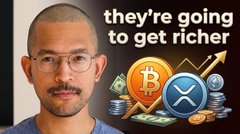 A thumbnail-style image showing a man with glasses and a mustache next to cryptocurrency logos (Bitcoin and XRP) and dollar bills, captioned 'they're going to get richer'.