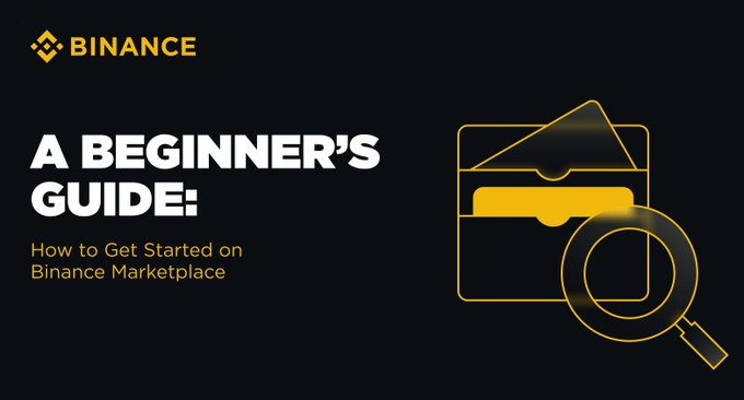 A dark Binance-branded banner titled "A BEGINNER'S GUIDE: How to Get Started on Binance Marketplace" featuring a yellow wallet and magnifying glass icon, visually introducing an introductory walkthrough of account setup and identity verification on Binance Marketplace.