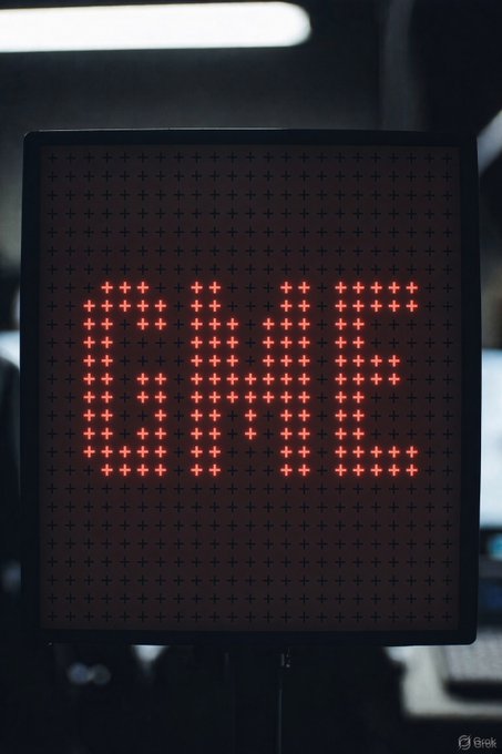 A dark rectangular LED sign displays red illuminated cross-shaped characters in a dimly lit room.