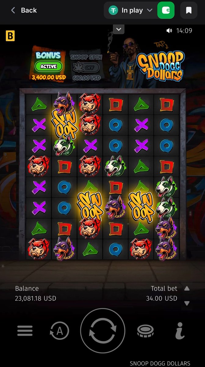 A mobile screenshot of the "Snoop Dogg Dollars" slot game shows a 7x5 grid featuring dog symbols, letter symbols, and "Snoop Dogg" logos, with a balance of 23,081.18 USD and a total bet of 34.00 USD. The display also indicates an active bonus worth 3,400.00 USD alongside a Snoop Spin option, capturing the moment of the pivotal spin referenced in the caption.