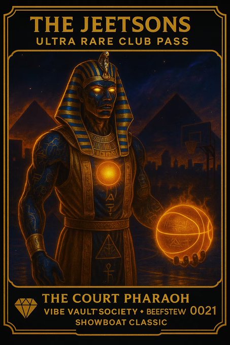 A trading card-style image titled 'THE JEETSONS ULTRA RARE CLUB PASS' featuring an Egyptian pharaoh-like figure holding a glowing basketball, with text 'THE COURT PHARAOH', 'VIBE VAULT SOCIETY • BEEFSTEW 0021', and 'SHOWBOAT CLASSIC'.