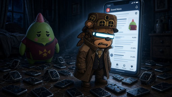 A satirical illustration of a sad Pikachu-like creature and a dejected crypto character in goggles and a hat, surrounded by broken phones showing a "Snout News" article with a token down 21.30%.