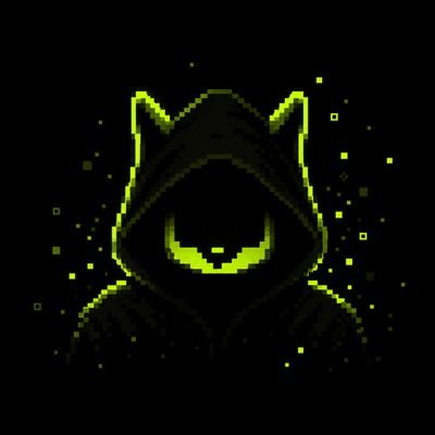 Pixel art of a hooded figure with glowing yellow-green cat-like eyes on a black background scattered with small yellow pixels.