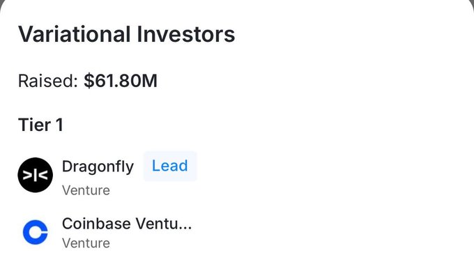 The image displays a profile card for **Variational Investors**, showing a total raised amount of **$61.80M** with Tier 1 investors including **Dragonfly Venture** (listed as the lead) and **Coinbase Venture**. 

This relates to the post's speculation about Variational as a potential swaps-focused counterpart to Hyperliquid, which would handle perpetual futures trading—highlighting Variational's credibility through its substantial funding round and backing from prominent crypto venture firms.