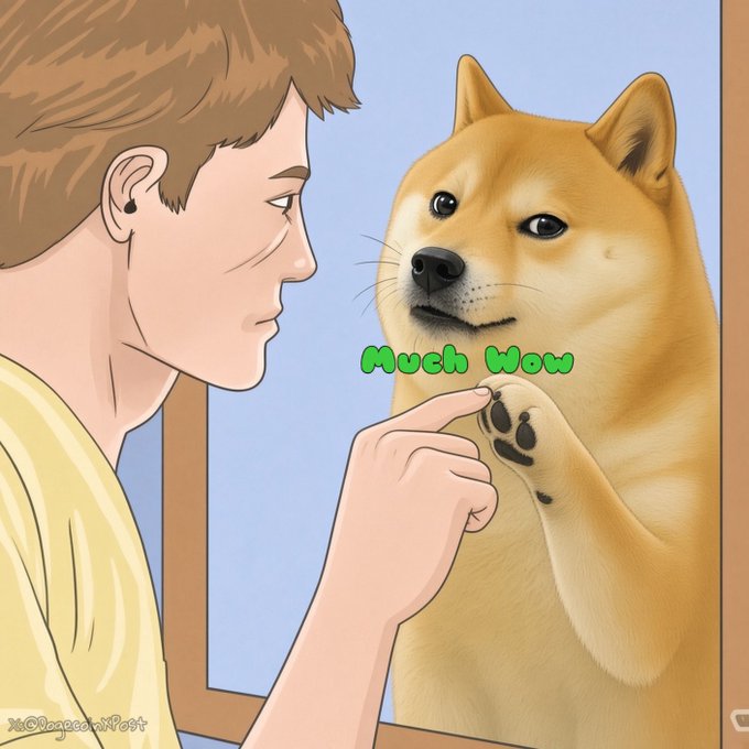 An anime-style drawing of a person poking a Shiba Inu dog through a window, with the green text 'Much Wow' displayed near the dog's paw.