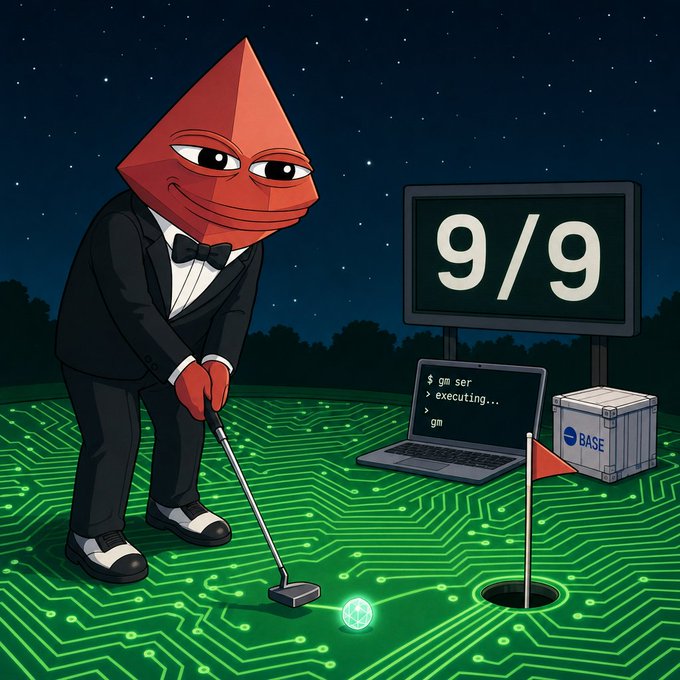 A cartoon illustration of a red pyramid-headed character in a tuxedo playing golf on a green circuit-board-like landscape, with a screen showing '9/9' and a laptop running a 'gamer' script with a 'BASE' crate.