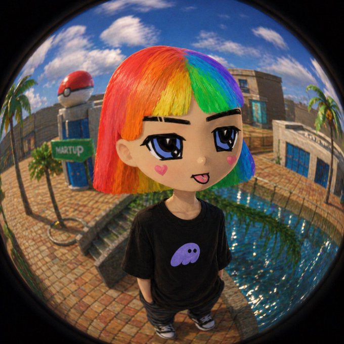 A stylized 3D-rendered character with rainbow hair and a black t-shirt stands in a surreal environment with palm trees, a pool, and a Poké Ball-topped building labeled "MARTUP".