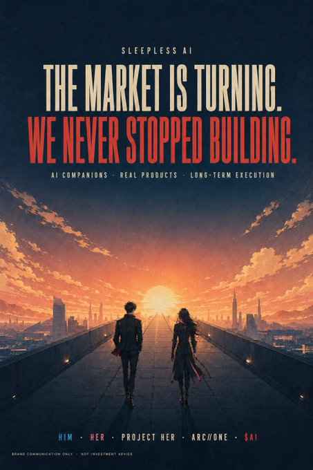 A cinematic movie-style poster for "Sleepless AI" features two silhouetted figures walking toward a glowing sunset on a futuristic city skyline, with the bold tagline "THE MARKET IS TURNING. WE NEVER STOPPED BUILDING." and the project names "HIM • HER • PROJECT HER • ARC//ONE • SAI" listed at the bottom.