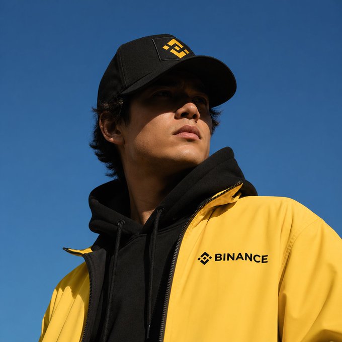 A young man gazes upward against a clear blue sky, wearing a black cap and a yellow jacket featuring the "BINANCE" logo and a matching black hoodie. The image captures a poised, self-assured expression, reinforcing the post's message about confidence.