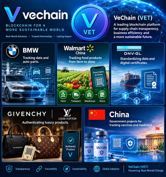 A promotional infographic for VeChain (VET) cryptocurrency, highlighting partnerships with BMW, DNV-GL, Givenchy, Louis Vuitton, Walmart China, and government projects in China.