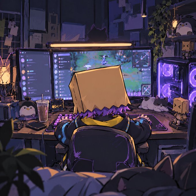 An anime-style illustration of a character with purple hair wearing a paper bag on their head, sitting at a gaming PC setup surrounded by plush toys and cats.