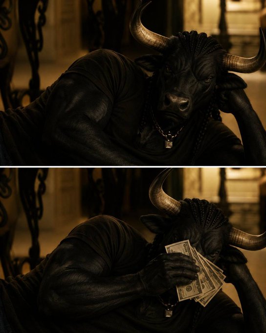 The image shows a two-panel meme featuring a muscular minotaur character looking pensive in the top frame, then holding up cash (labeled "NIGGA BULL") in the bottom frame, humorously illustrating the post's claim that the $NIGGABULL token is experiencing strong bullish momentum.