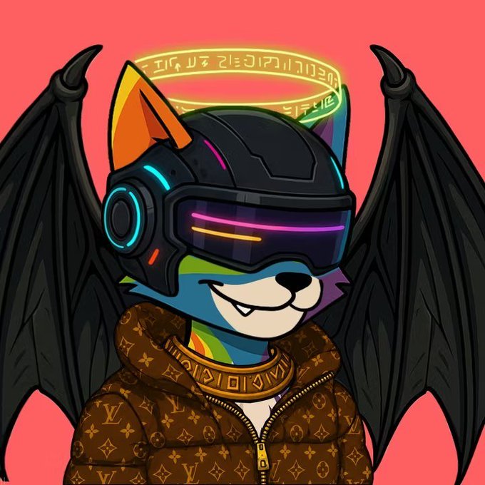 A digital illustration depicts a cartoonish wolf or dog character wearing a futuristic black and neon helmet with cat ears, black wings, and a brown Louis Vuitton monogram puffer jacket against a pink background.