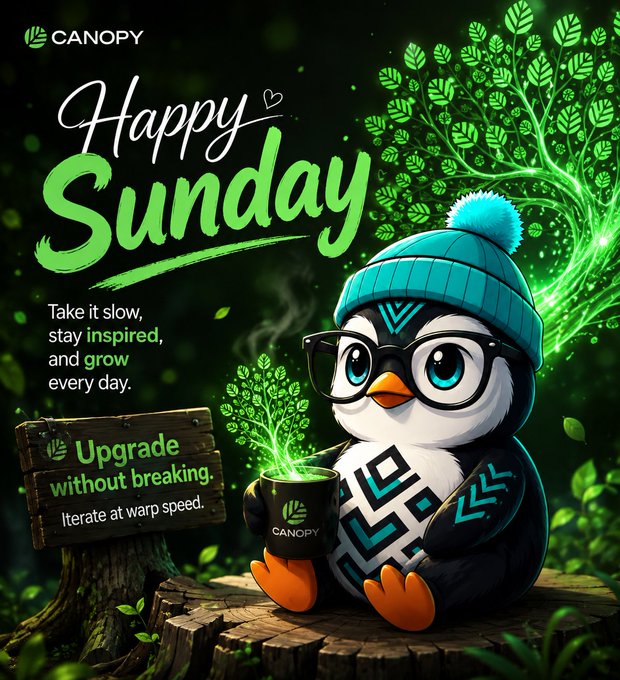 A Canopy-branded Sunday motivational graphic featuring a cartoon penguin wearing glasses and a teal beanie, holding a mug of glowing green leaves with the text "Take it slow, stay inspired, and grow every day."