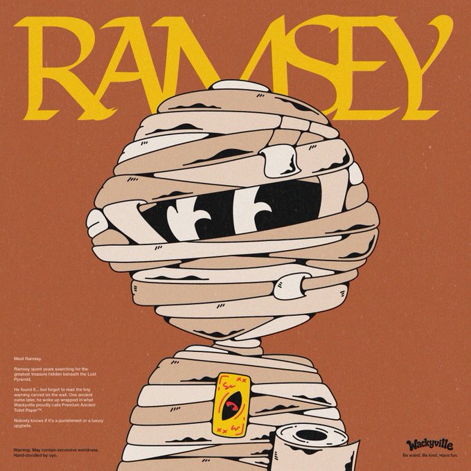 An illustrated poster with the word 'RAMSEY' in large yellow letters above a character wrapped in toilet paper, with 'WackyVille' branding and product description text on the side.