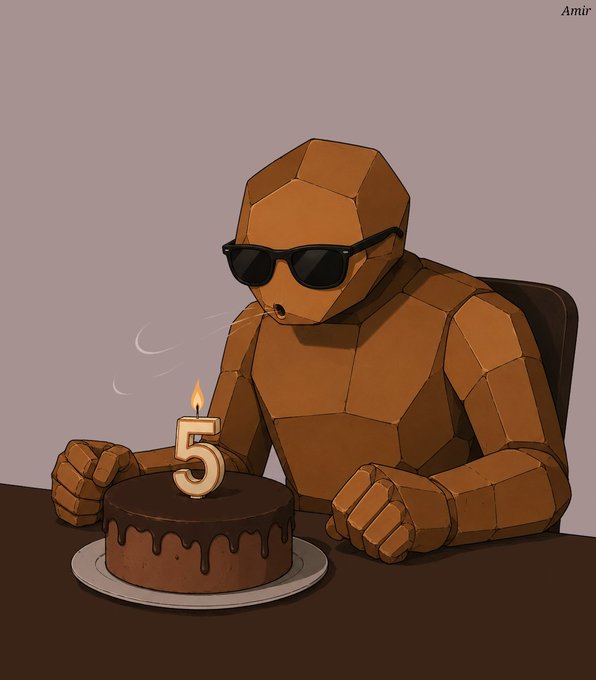 The image features a cartoon robot wearing sunglasses and sitting at a table with a chocolate cake in front of him. The robot has a candle on top of the cake, which appears to be his birthday celebration. The text "Gm CT Mag 5 unlocked Not gonna lie, this one feels special. Started with zero, learned a lot, met amazing people, and had so many good moments with the community." is present in the image, suggesting that it might be related to an online post or social media account celebrating someone's birthday.