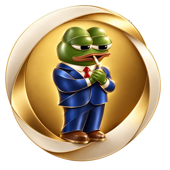 A 3D rendered Pepe the Frog character wearing a blue suit and red tie stands inside a golden circular frame, lighting a match.