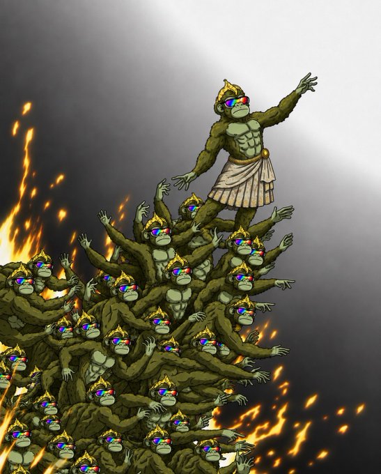 A digital illustration depicts a massive pile of green, golden-helmeted, rainbow-glasses-wearing ape characters with one triumphant ape at the top, set against a fiery background.