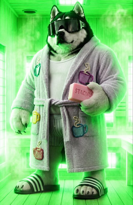 A stylized anthropomorphic husky character wearing dark sunglasses, a gray bathrobe adorned with coffee mug patches, and Adidas slides, holding a pink bar of soap labeled 'STAONU' amid glowing green steam.