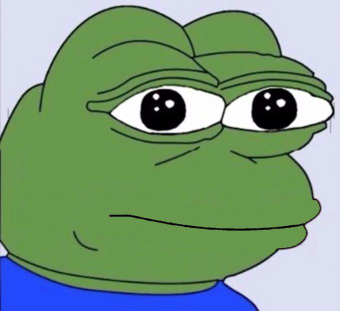 A sad-looking Pepe the Frog meme illustration featuring large, teary eyes and a blue shirt against a gray background.